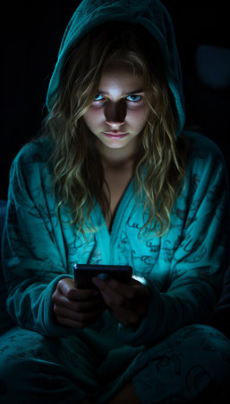 Young woman in pajamas using mobile phone in the dark.の素材
