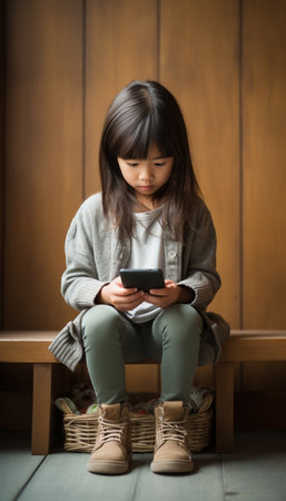 little asian girl using mobile phone sitting on the wooden floor.の素材