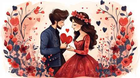 Valentine's day greeting card with couple in love, vector illustrationの素材