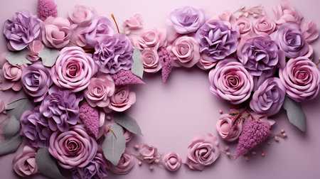 Wreath made of beautiful artificial flowers on color background, top viewの素材