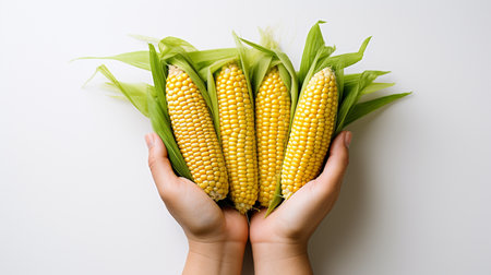 Fresh corn on the cob in woman's hands on a white backgroundの素材