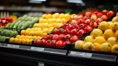 Fruits and vegetables on the shelves in the supermarket. Shallow depth of fieldの素材