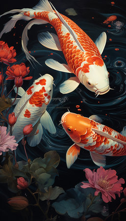 Koi fish in the pond. Illustration in digital painting style.の素材