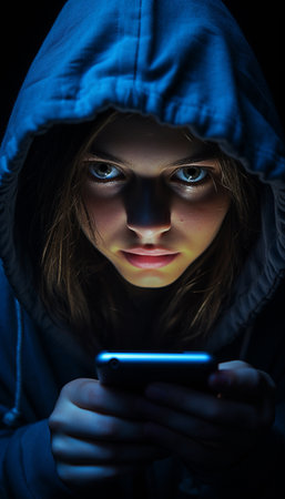 Portrait of a young woman in a hood using a mobile phoneの素材