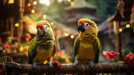 Beautiful couple of yellow and green macaw parrot sitting on wooden fenceの素材