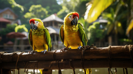 Couple of yellow and green macaw parrots sitting on bamboo fenceの素材