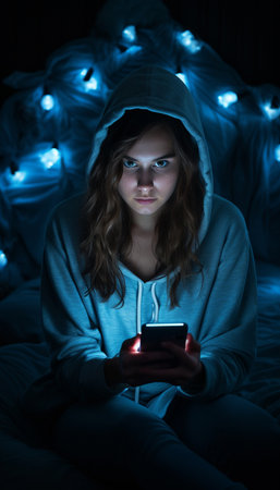 Young woman using mobile phone in bed at night. Dark background.の素材