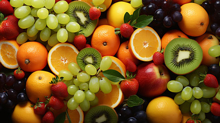 Fruits background. Multicolored fresh fruits. Top view.の素材