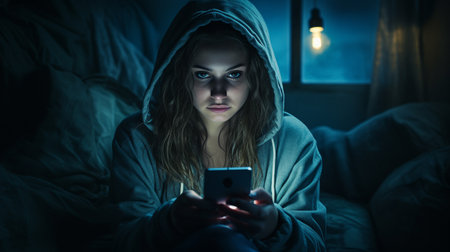 Young woman with mobile phone in bed at night. Quarantine concept.の素材