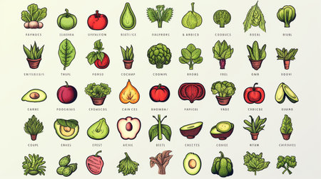 Vegetables and fruits icons set. Hand drawn vector illustration.の素材