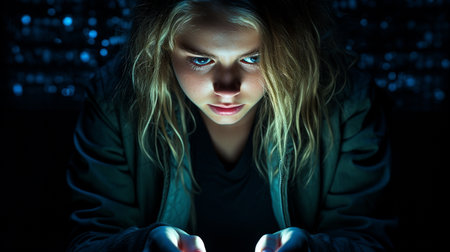 Portrait of a young woman sitting in the dark at night.の素材