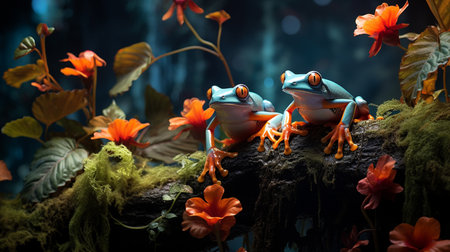 illustration of funny frog in the aquarium with orange flowers and plantsの素材