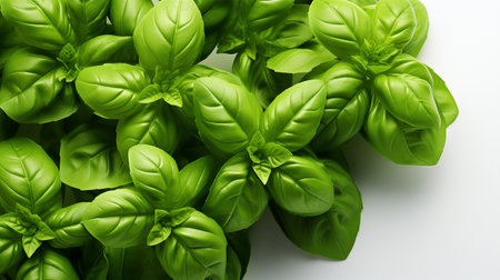 Fresh green basil on white background. Top view. Flat lay.の素材