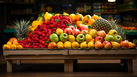 Fruits and vegetables on a wooden table in a grocery store.の素材