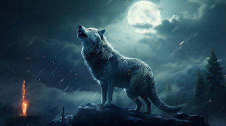 Wolf howling in the dark forest at night. 3d renderingの素材
