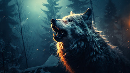 Wolf howling in the forest at night. 3D illustration.の素材