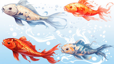 Illustration of a set of koi fish on a white backgroundの素材