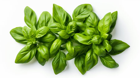Fresh basil leaves isolated on white background. Top view. Flat lay.の素材