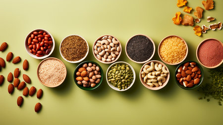 Assortment of nuts in bowls on green background. Top view.の素材