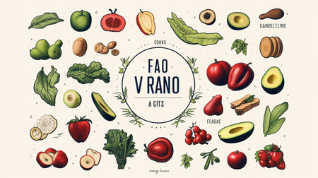 Vegetarian food poster with hand drawn fruits and vegetables. Vector illustrationの素材