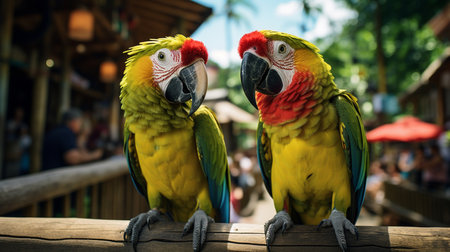 Couple of colorful macaw parrots on wooden pergolaの素材