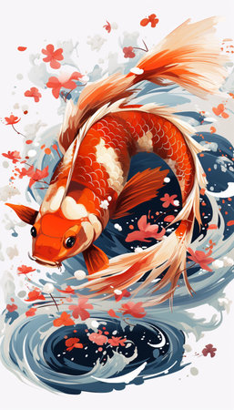 Illustration of a beautiful koi fish swimming in the water.の素材