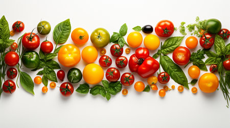 Fresh colorful tomatoes with basil leaves on white background, top view. Space for textの素材