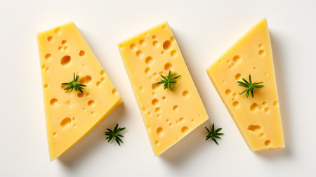 Slices of cheese with cannabis on white background, top viewの素材