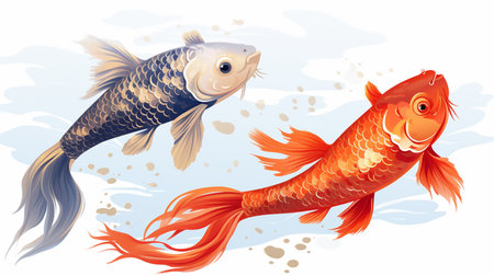 Two koi fish swimming in the water. Illustration on white background.の素材