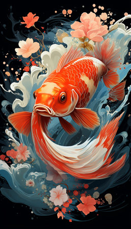 Koi fish in water on a black background. Vector illustration.の素材