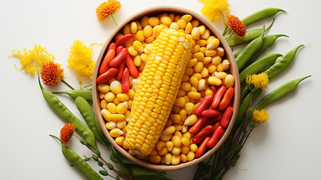 Bowl with corn, beans and flowers on white background, top viewの素材