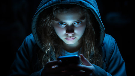 Portrait of young woman using mobile phone in dark room at nightの素材