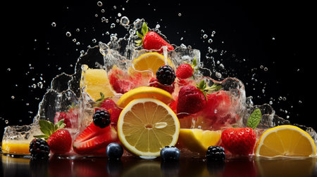 Fruit and berry splashing in water on a black backgroundの素材