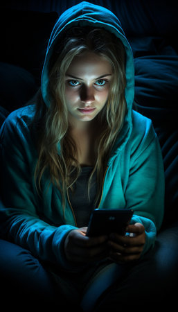 Young woman in a hoodie using a mobile phone at night.の素材