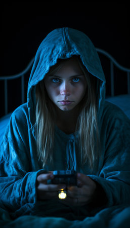 Teenage girl playing video games in bed at night. Close up portraitの素材