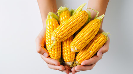 Female hands holding fresh corn cobs on white background, closeupの素材