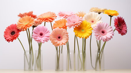 Colorful gerbera flowers in vase on white background.の素材
