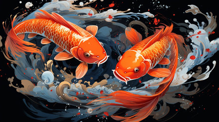 Illustration of koi fish in the water with splashes.の素材