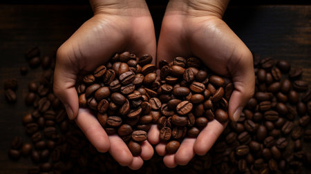 Coffee beans in hands on dark wooden background. Top viewの素材