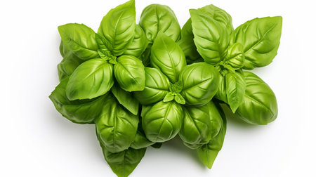 Fresh green basil herb leaves isolated on white background, top view.の素材