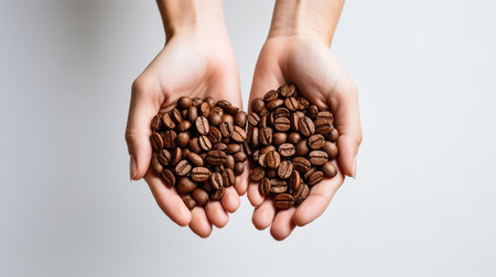 Coffee beans in the hands of a woman on a white backgroundの素材