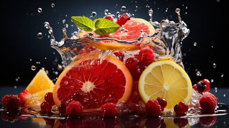 Fruit splashing into water on a black background. Grapefruit, orange, cranberry, lemonの素材