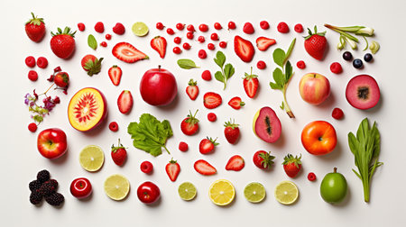 Fruits and berries on white background. Flat lay, top viewの素材