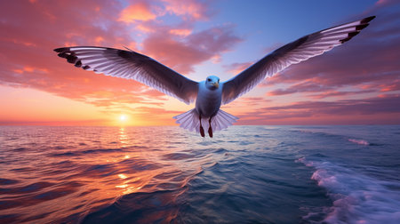 Seagull flying over the sea at sunset. 3d renderの素材