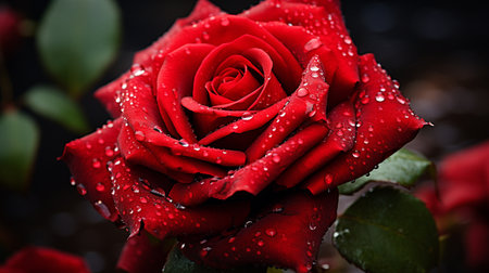 Beautiful red rose with water drops on dark background, closeupの素材