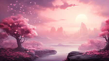 Valentine's day background with heart shaped trees and lake.の素材