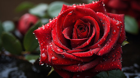 Beautiful red rose with water drops on dark background, closeupの素材