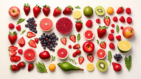 Fruits and berries on white background. Top view. Flat layの素材
