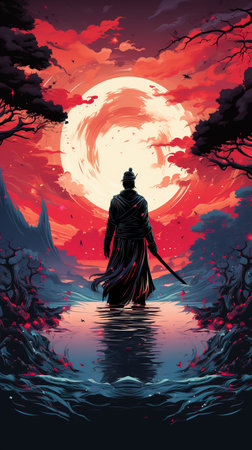 Buddha in the sea with the full moon. Vector illustration.の素材