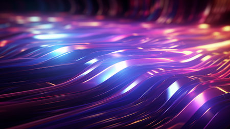 3d rendering of abstract metallic wavy background with glowing lines.の素材
